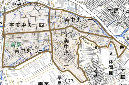 宇美中央とその周辺の地図。町の範囲を重ねている