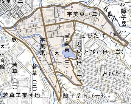 宇美東とその周辺の地図。町の範囲を重ねている