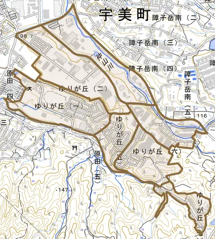 ゆりが丘とその周辺の地図。町の範囲を重ねている