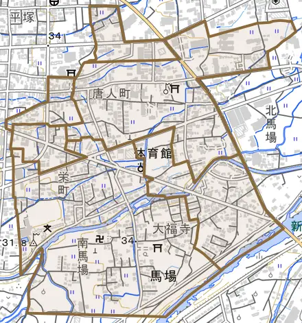 馬場とその周辺の地図。町の範囲を重ねている
