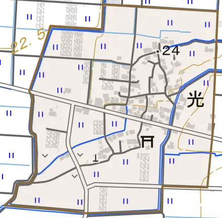 光とその周辺の地図。町の範囲を重ねている