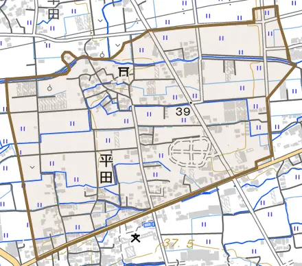 平田とその周辺の地図。町の範囲を重ねている