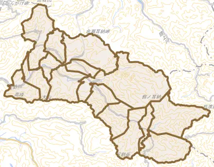 星野村とその周辺の地図。町の範囲を重ねている