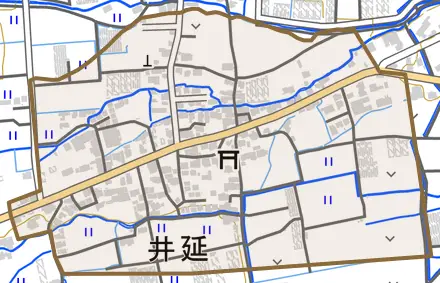 井延とその周辺の地図。町の範囲を重ねている