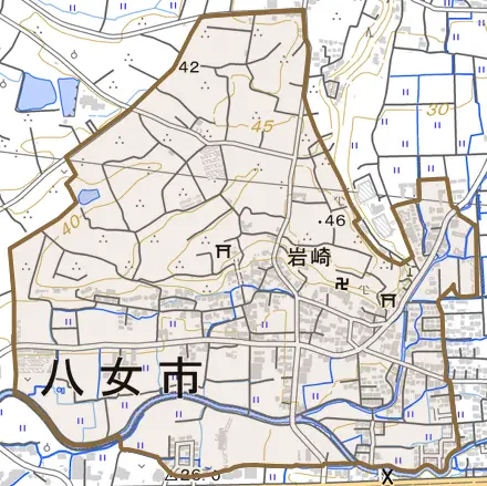 岩崎とその周辺の地図。町の範囲を重ねている
