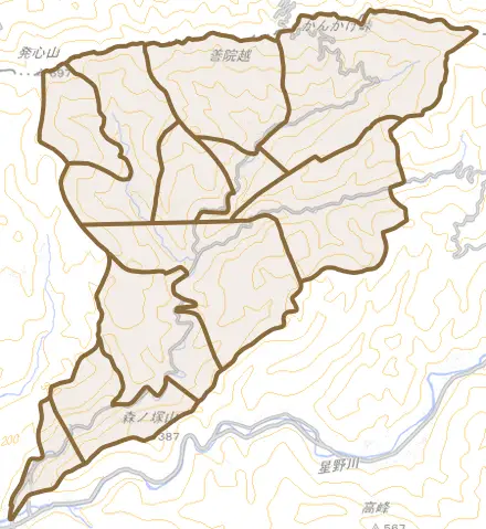 上陽町上横山とその周辺の地図。町の範囲を重ねている