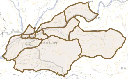上陽町北川内とその周辺の地図。町の範囲を重ねている