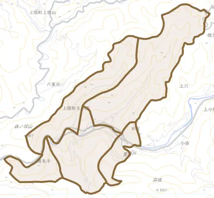 上陽町久木原とその周辺の地図。町の範囲を重ねている