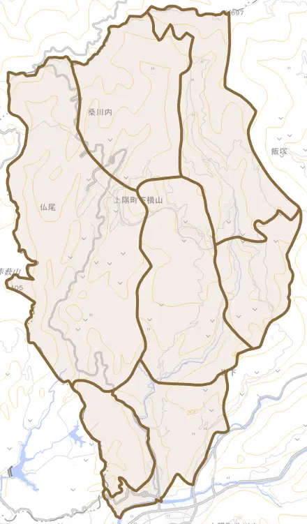 上陽町下横山とその周辺の地図。町の範囲を重ねている