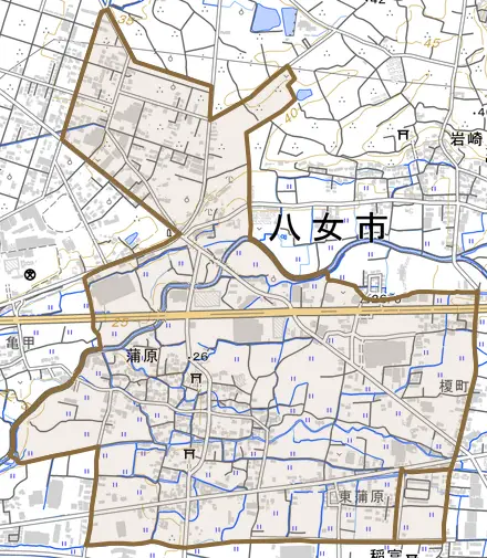 蒲原とその周辺の地図。町の範囲を重ねている