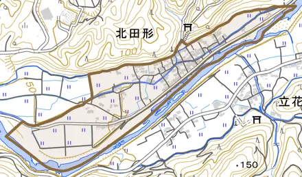 北田形とその周辺の地図。町の範囲を重ねている