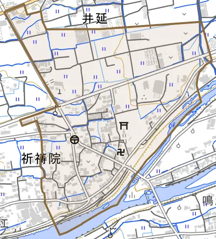 祈祷院とその周辺の地図。町の範囲を重ねている