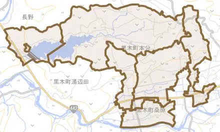 黒木町本分とその周辺の地図。町の範囲を重ねている