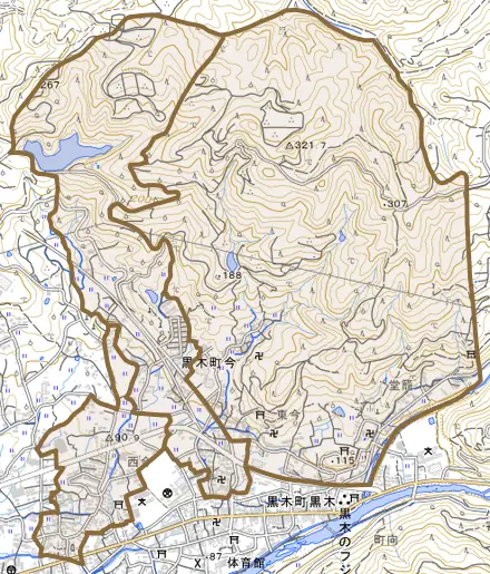 黒木町今とその周辺の地図。町の範囲を重ねている