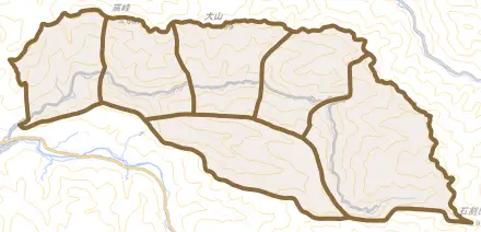 黒木町笠原とその周辺の地図。町の範囲を重ねている