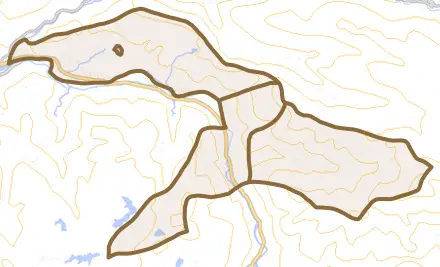黒木町北木屋とその周辺の地図。町の範囲を重ねている
