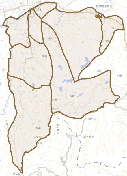 黒木町木屋とその周辺の地図。町の範囲を重ねている