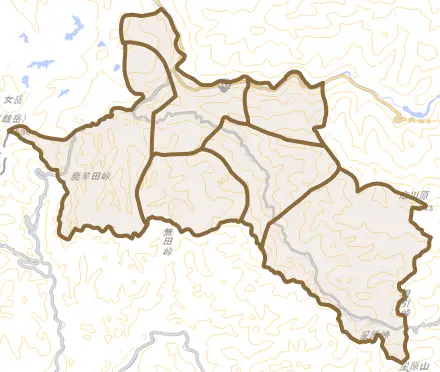 黒木町大淵とその周辺の地図。町の範囲を重ねている