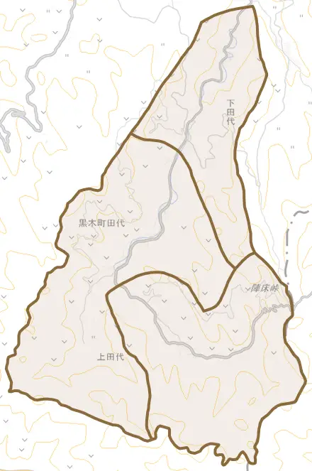 黒木町田代とその周辺の地図。町の範囲を重ねている
