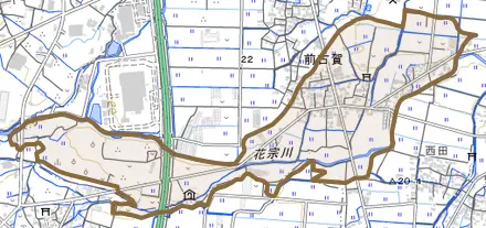 前古賀とその周辺の地図。町の範囲を重ねている