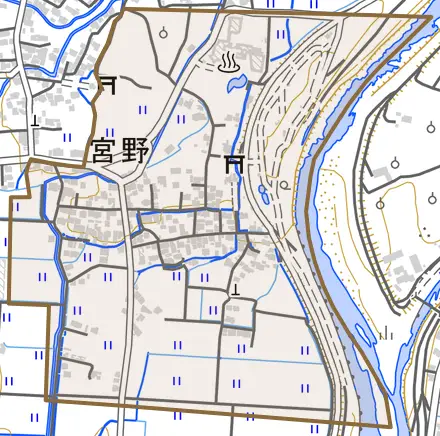 宮野とその周辺の地図。町の範囲を重ねている