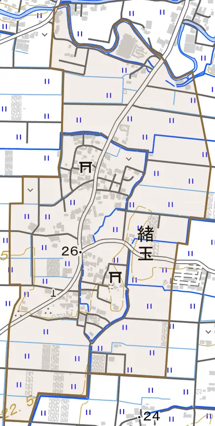 緒玉とその周辺の地図。町の範囲を重ねている