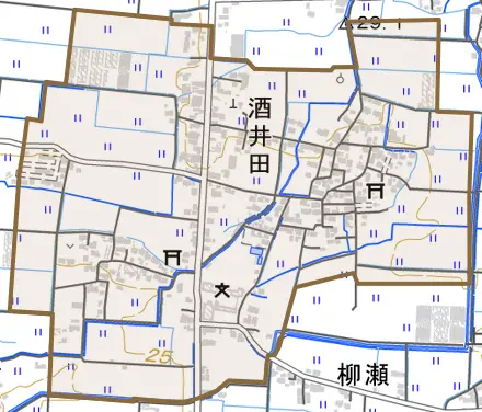 酒井田とその周辺の地図。町の範囲を重ねている
