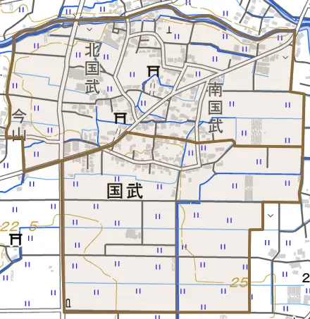 国武とその周辺の地図。町の範囲を重ねている