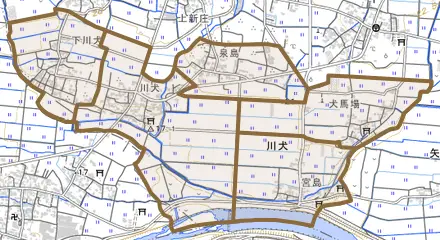 川犬とその周辺の地図。町の範囲を重ねている