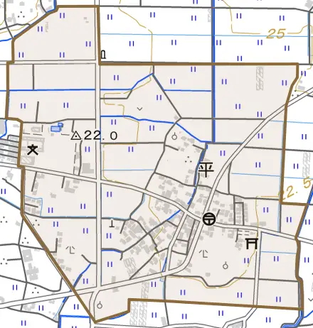平とその周辺の地図。町の範囲を重ねている