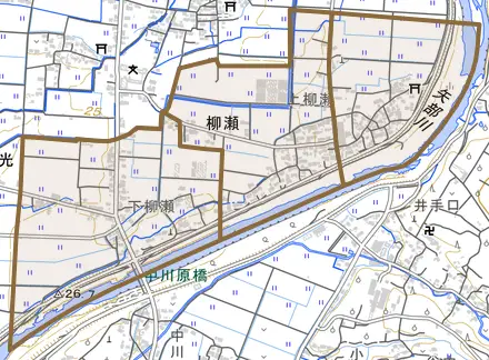 柳瀬とその周辺の地図。町の範囲を重ねている
