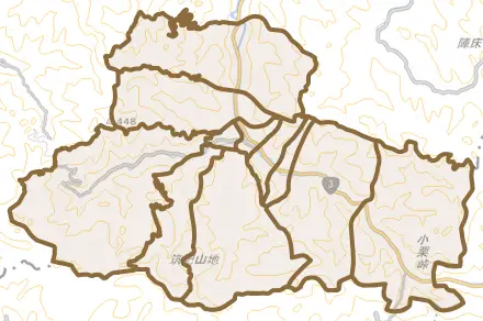 立花町上辺春とその周辺の地図。町の範囲を重ねている