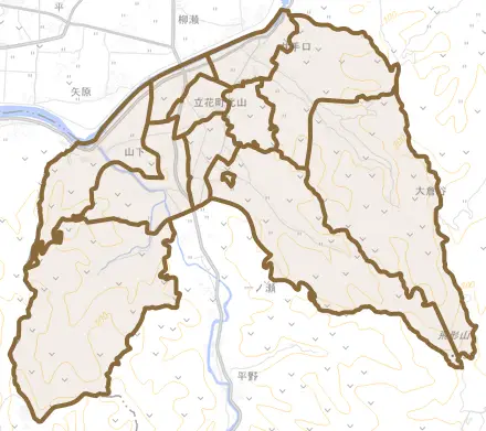 立花町北山とその周辺の地図。町の範囲を重ねている
