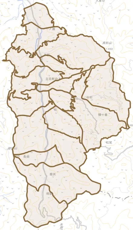 立花町白木とその周辺の地図。町の範囲を重ねている