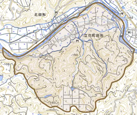 立花町田形とその周辺の地図。町の範囲を重ねている