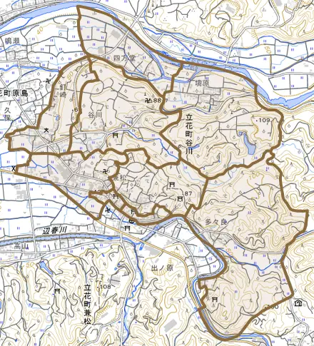立花町谷川とその周辺の地図。町の範囲を重ねている
