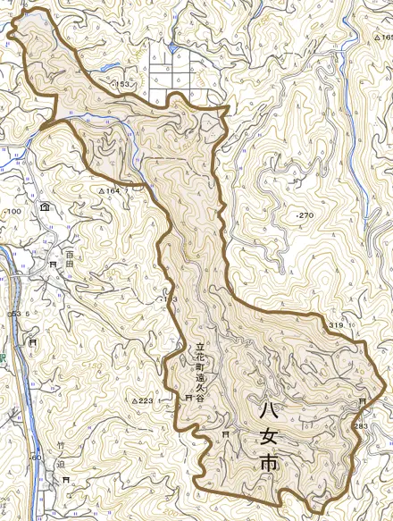 立花町遠久谷とその周辺の地図。町の範囲を重ねている