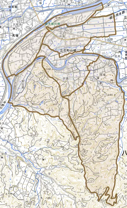 立花町山崎とその周辺の地図。町の範囲を重ねている