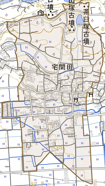 宅間田とその周辺の地図。町の範囲を重ねている