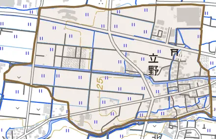 立野とその周辺の地図。町の範囲を重ねている