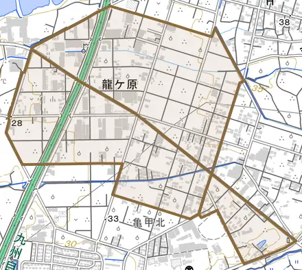 龍ケ原とその周辺の地図。町の範囲を重ねている