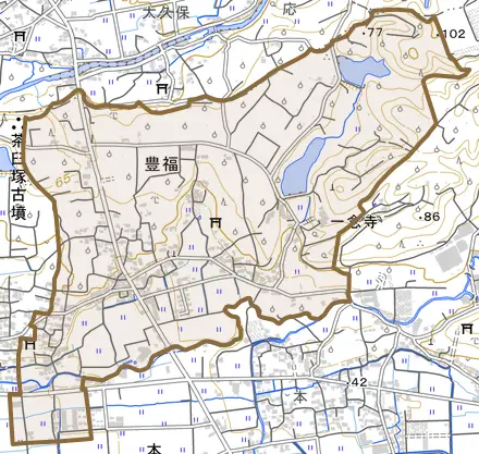 豊福とその周辺の地図。町の範囲を重ねている