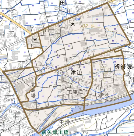 津江とその周辺の地図。町の範囲を重ねている