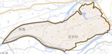 柳島とその周辺の地図。町の範囲を重ねている