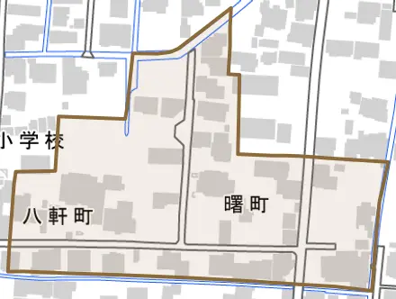 曙町とその周辺の地図。町の範囲を重ねている