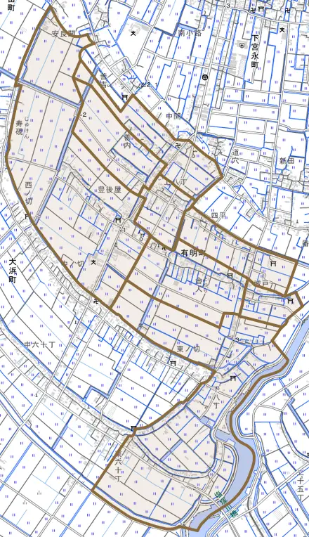 有明町とその周辺の地図。町の範囲を重ねている