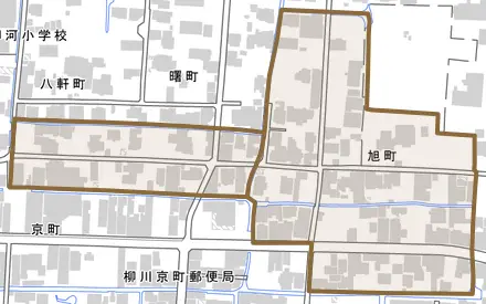 旭町とその周辺の地図。町の範囲を重ねている