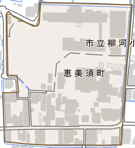 恵美須町とその周辺の地図。町の範囲を重ねている