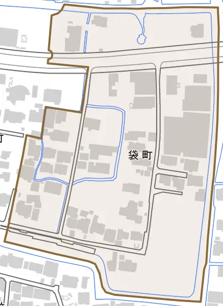 袋町とその周辺の地図。町の範囲を重ねている