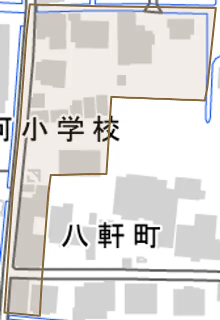 八軒町とその周辺の地図。町の範囲を重ねている